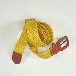 Vintage Yellow Braided Woven Belt with Brown Faux Leather Trim